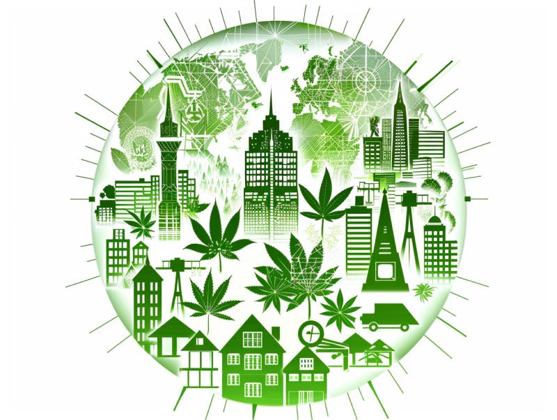 Eine minimalistische, pictografische Darstellung einer Stadt mit Häusern, Menschen und Cannabispflanzen. Es steht für eine Stadt, die dem Cannabisanbau und den Cannabis Social Clubs offen gegenübersteht.
