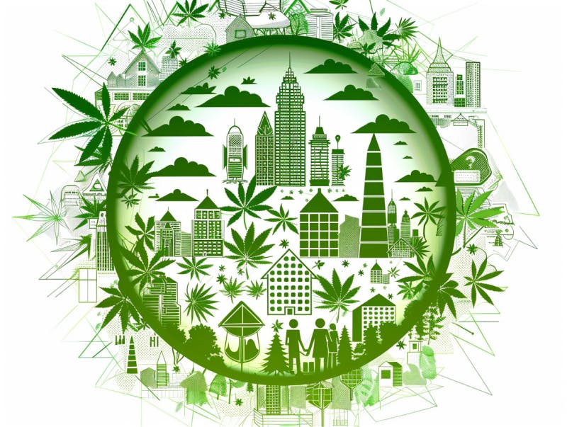 Eine minimalistische, pictografische Darstellung einer Stadt mit Häusern, Menschen und Cannabispflanzen. Es steht für eine Stadt, die dem Cannabisanbau und den Cannabis Social Clubs offen gegenübersteht.