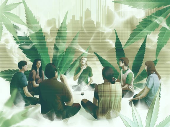 Eine Gruppe Menschen eines Cannabis Social Clubs sitzen gemeinsam in einem Kreis und sind umgeben von großen Cannabis Blätter.