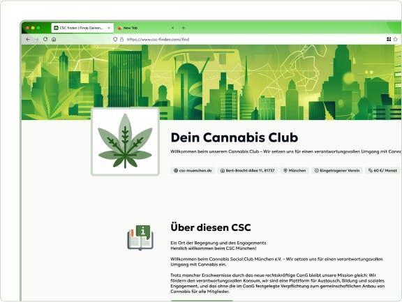 Screenshot der auf der Webseite csc-finden demonstriert, wie das Clubprofil eines Cannabis Clubs aussieht mit allen wichtigen Informationen rund um diesen CSC.