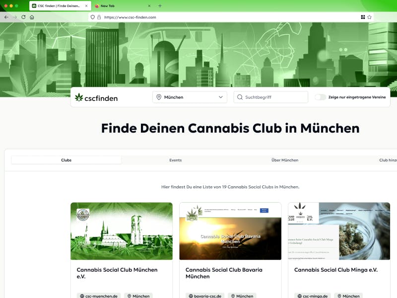 Screenshot der Webseite csc-finden zeigt die Cannabis Social Club Suche gefiltert für eine Stadt.