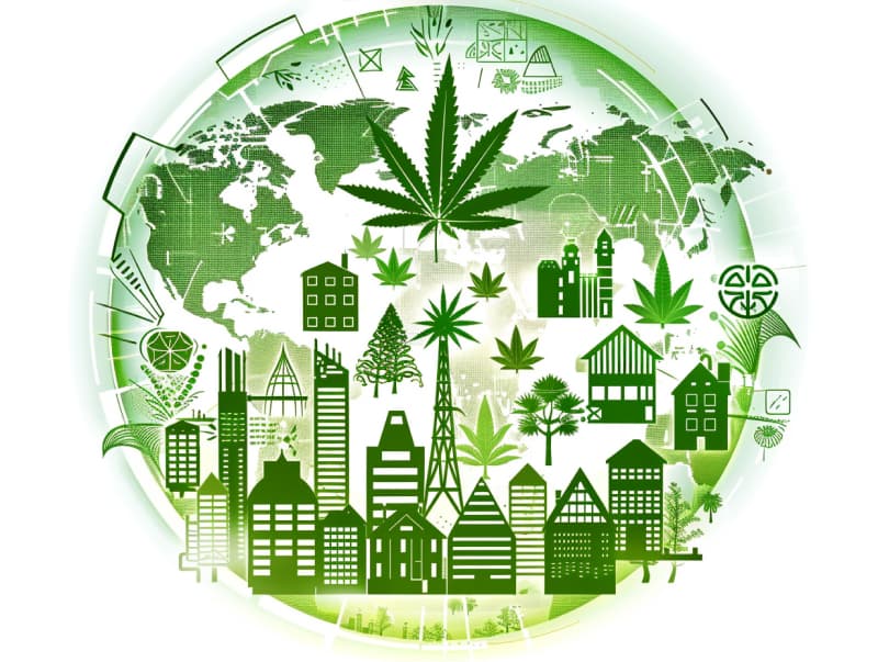 Cannabis Social Club in Nürnberg Eine minimalistische, pictografische Darstellung einer Stadt mit Häusern, Menschen und Cannabispflanzen. Es steht für eine Stadt, die dem Cannabisanbau und den Cannabis Social Clubs offen gegenübersteht.