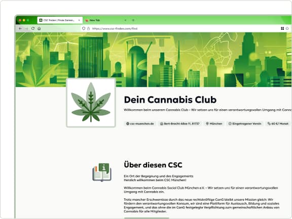 Cannabis Social Club Profile Page Mockup Screenshot der auf der Webseite csc-finden demonstriert, wie das Clubprofil eines Cannabis Clubs aussieht mit allen wichtigen Informationen rund um diesen CSC.