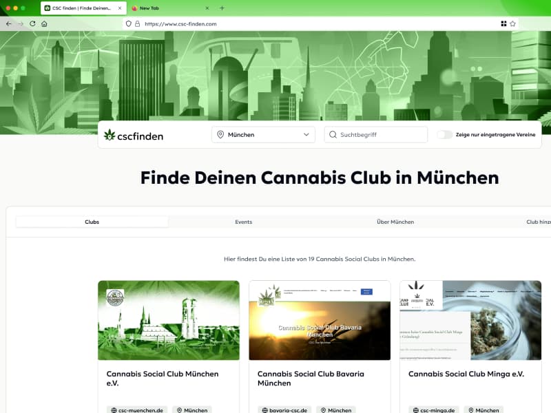 Screenshot Cannabis Social Club Suche Screenshot der Webseite csc-finden zeigt die Cannabis Social Club Suche gefiltert für eine Stadt.